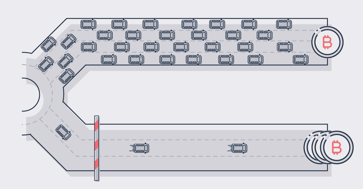 alt Se muestran dos carreteras paralelas. La carretera superior tiene muchos coches, y la inferior solo dos coches.