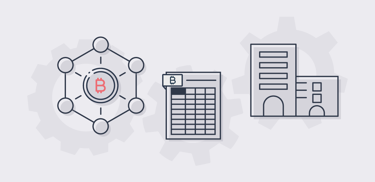 alt Illustration representing the Bitcoin blockchain at left, a spreadsheet in the middle and an office building on the right, representing a business