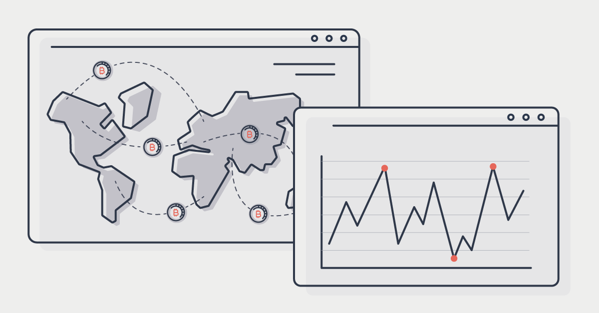 alt On the left is a map of the world with Bitcoin transactions moving from country to country. On the right is a chart with a line graph showing changing values